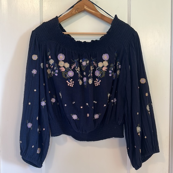 Free People Embroidered Off the Shoulder Top | Navy Size - Large - Picture 7 of 13